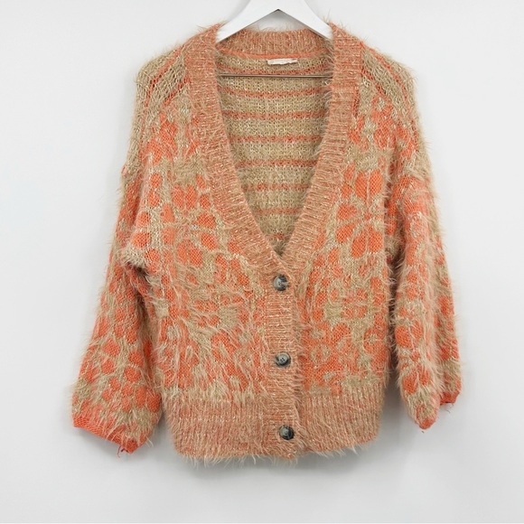 Altar’d State Tan Retro Floral Acrylic Sweater Cardigan Size Medium - Picture 6 of 7